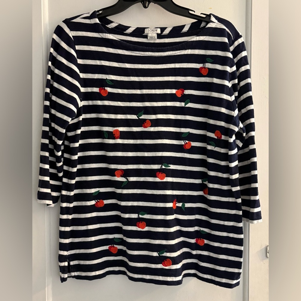 Jcrew Factory Blue White Stripe Red Cherries 3/4 Sleeve Shirt Size Large